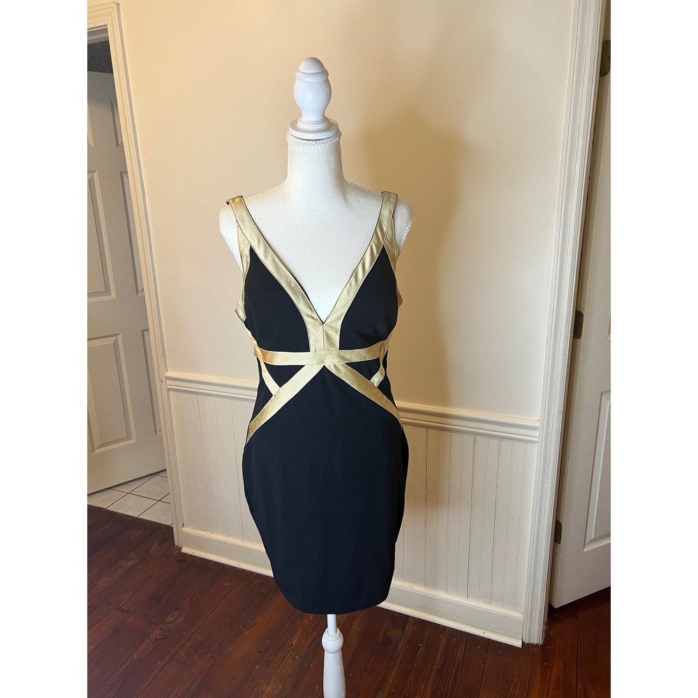 Haute Monde Black and Gold Bandage Bodycon Mini V-Neck Sleeveless Cocktail SizeL